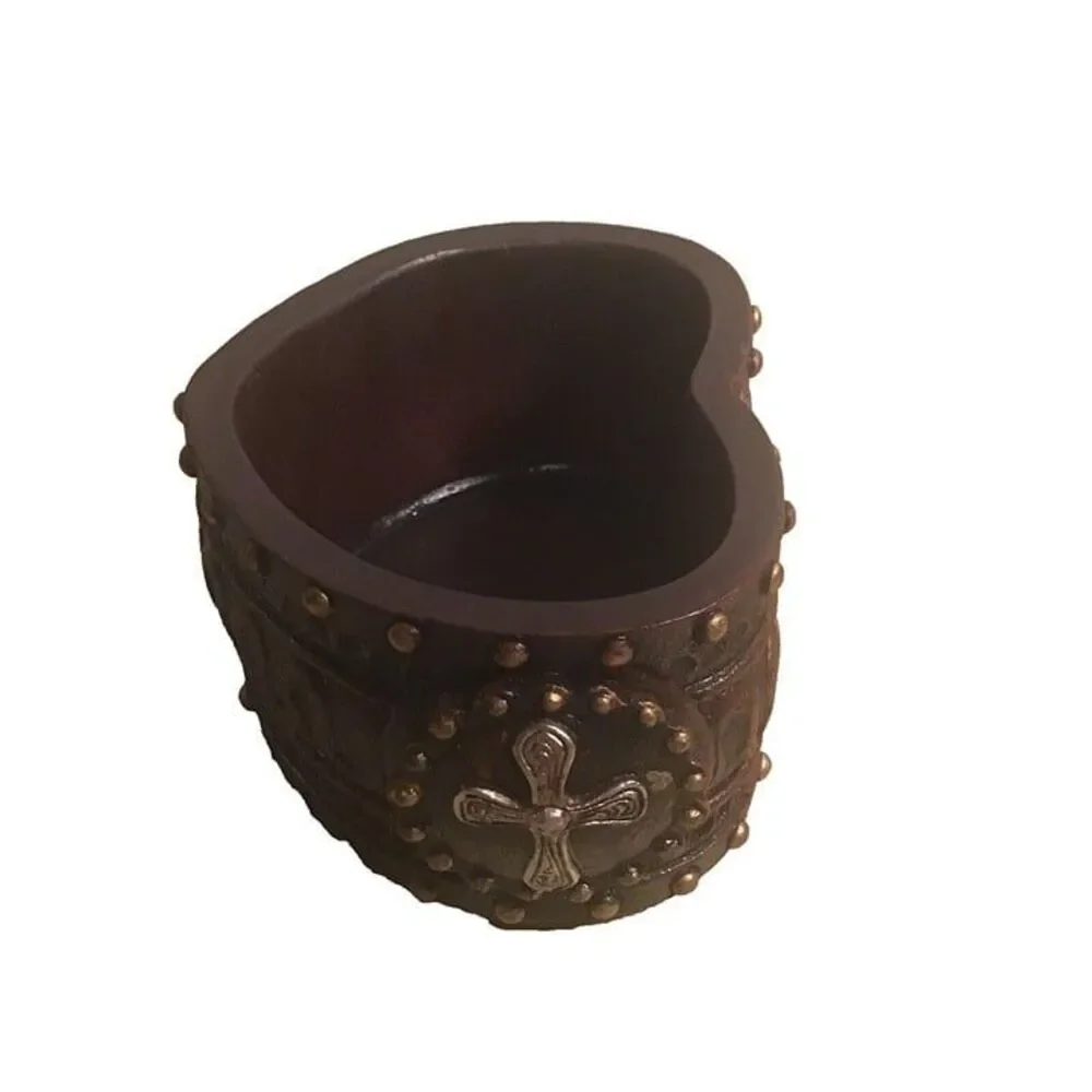 Vintage Gothic Heart Trinket Box Studded Brown Resin Decorative Jewelry Dish